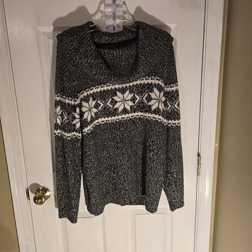 Dressbarn Black & White Fair Isle Snowflake Cowl Neck Sweater Womens 1X Cozy